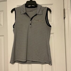 EP Pro Black and White Striped Sleeveless Golf Top with Sage Meadows logo.